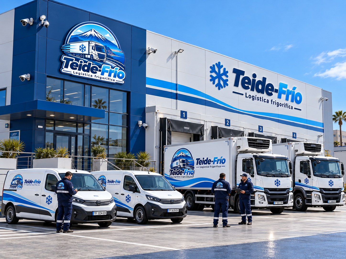 Fachada de Teide-Frío con sus furgones y camiones frigoríficos